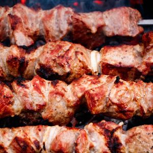 shish kebab, meat, brazier, skewers, nutrition, nature, frying, coals, picnic, grill, meat skewers, grilled meat, bbq season, delicious, food, summer, garden, village